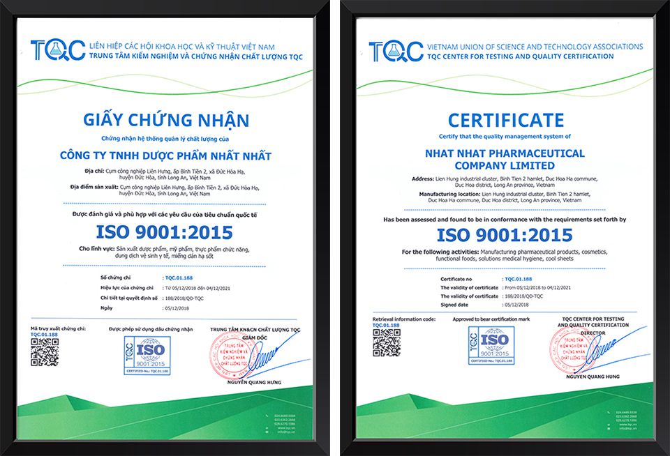 chứng nhận ISO 9001 của Nhất Nhất