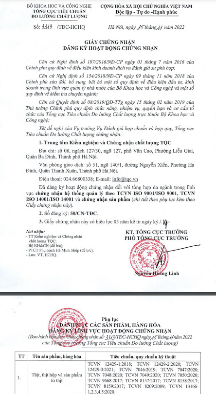 Chỉ định TQC là tổ chức Chứng nhận hợp chuẩn thực phẩm với phạm vi thịt mát theo chứng nhận giấy đăng ký hoạt động chứng nhận 3313/TĐC-HCHQ.