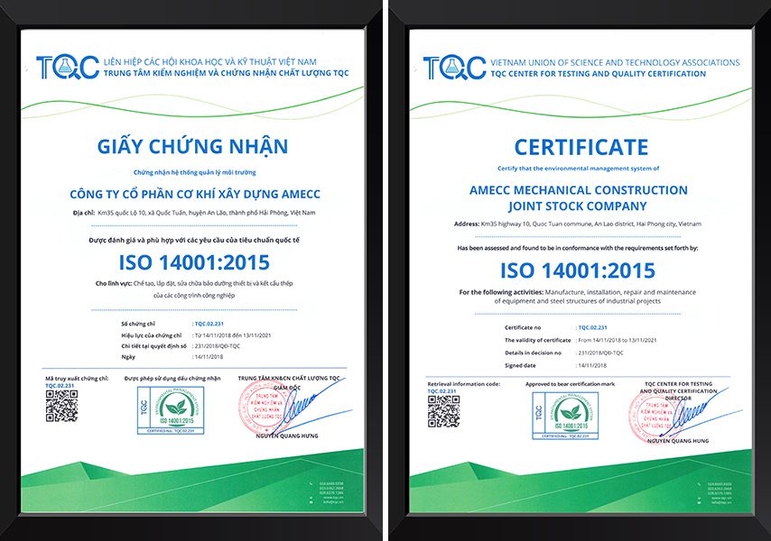 Giấy chứng nhận ISO 14001:2015 Trung tâm TQC cấp cho Amecc