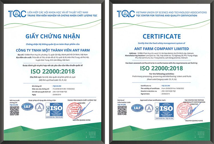 Trung tâm TQC chứng nhận hệ thống quản lý an toàn thực phẩm của Công ty TNHH MTV ANT FARM đạt tiêu chuẩn quốc tế ISO 22000:2018