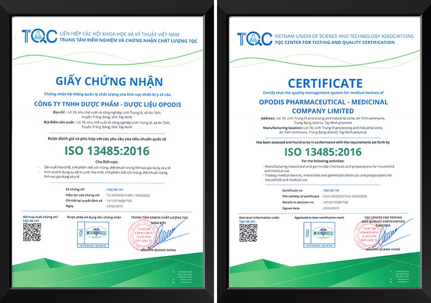 Giấy chứng nhận ISO 13485:2016 Trung tâm TQC cấp cho OPODIS PHARMA