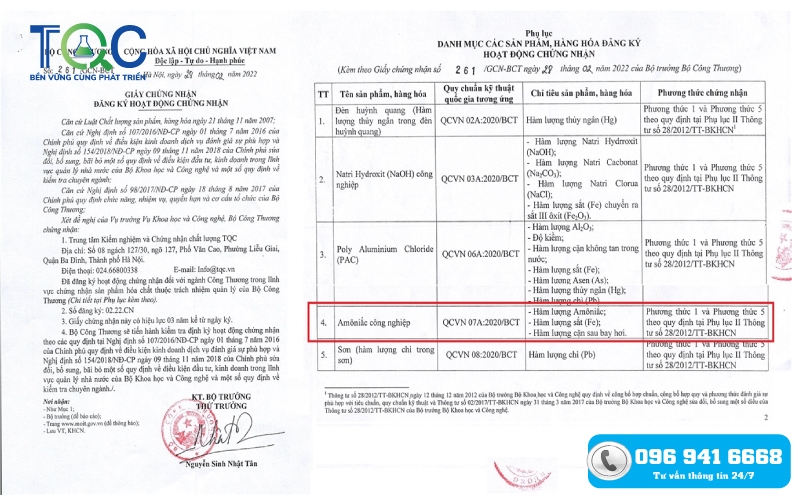hợp quy hóa chất amôniắc công nghiệp