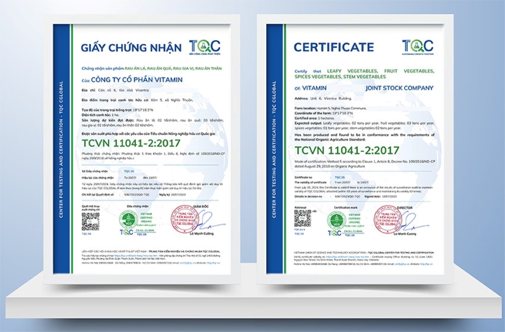 Mẫu giấy chứng nhận hữu cơ TQC cấp cho khách hàng