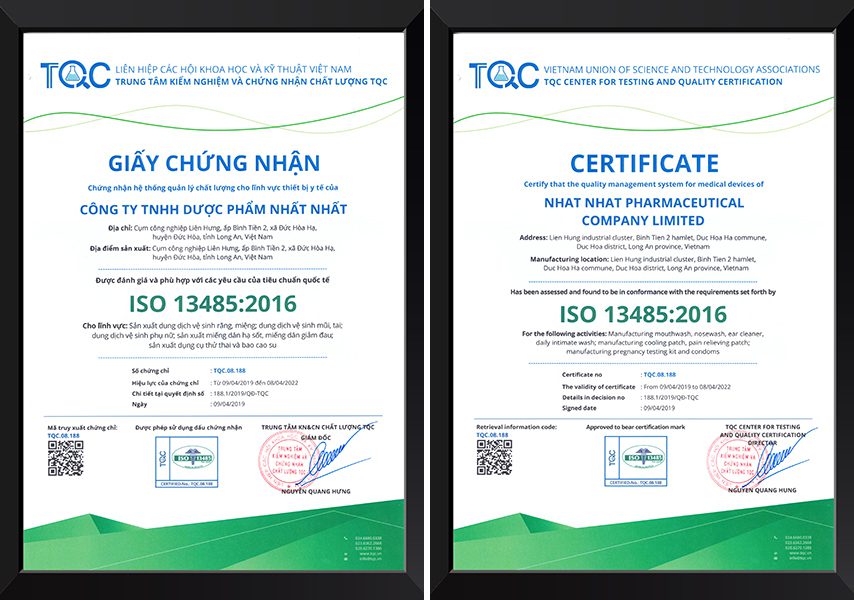 Giấy chứng nhận ISO 13485:2016 Trung tâm TQC cấp cho dược phẩm Nhất Nhất